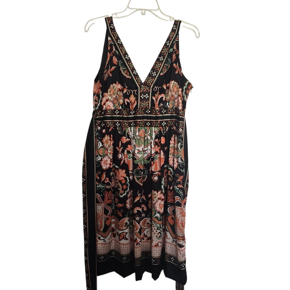 Saks Fifth Avenue Lidee Coral Cora Green Black Floral Silk Midi Dress